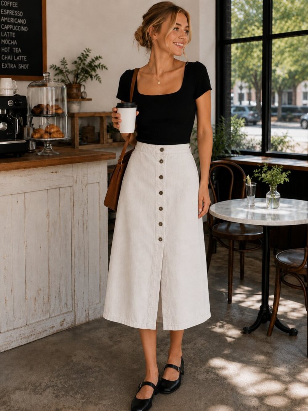 Blue B Collection Ivory Denim Off-Center Front Midi Skirt Women's Small NWT